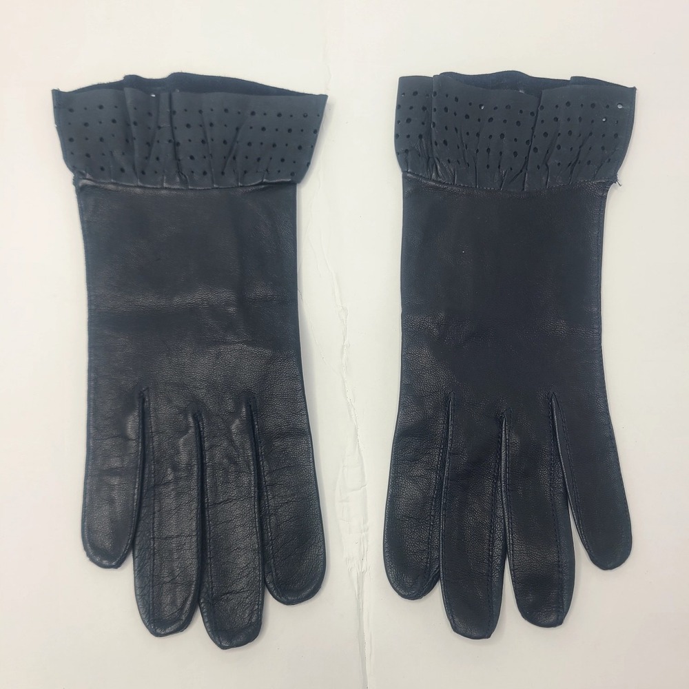 Vtg ROECKL Black Soft Leather Gloves 7 Perforated Ruffled Wrist Luxury Coquette
